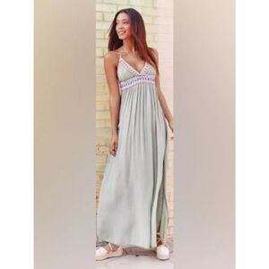 Banjara Light Olive Green Bohemian Maxi Dress with Embroidered Yoke